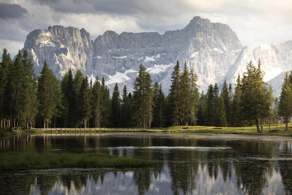 Mount Sorapis reflecting it self on Antorno Lake. Misurina, Belluno province, Dolomites, Veneto, Italy