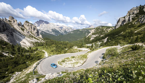 Mountain road leading to Tre Cime di Lavaredo peake. Tre Cime di Lavaredo natural park, Belluno province, Dolomites, Veneto, Italy