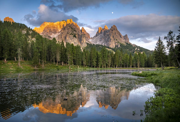 Cadini di Misurina mountain group reflecting on Antorno Lake, Belluno Province, Dolomites, Veneto, Italy