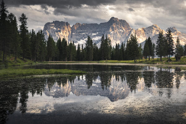 Mount Sorapis reflecting itself on Antorno Lake, near Misurina small village. Misurina, Belluno province, Dolomites, Veneto, Italy