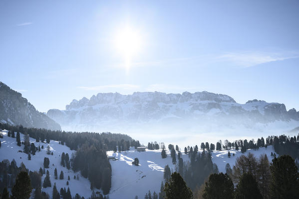 The Sella mountain group seen from Gardena Valley, South Tyrol, Italy