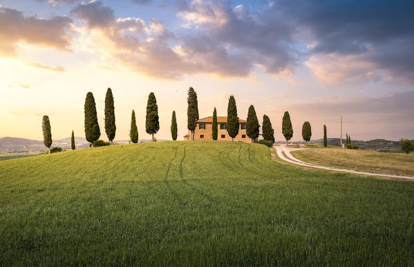 A lonely villa with cypresses near Pienza, Orcia Valley, Siena province, Tuscany, Italy