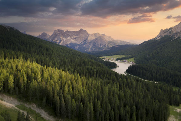 Sorapiss mountain group and Misurina lake during sunset. Aerial view. Veneto, Italy