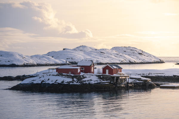 Red houses in Svolvaer, Lofoten Islands, Nordland, Norway.