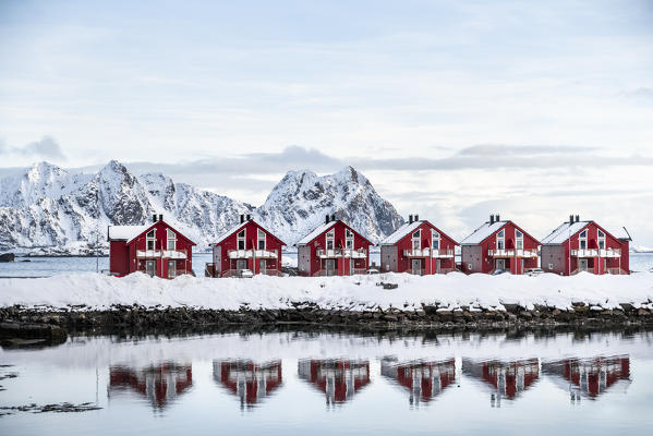 Red houses in Svolvaer, Lofoten Islands, Nordland, Norway.