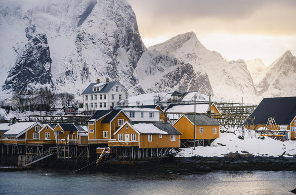 Sakrisoy village in the middle of Reine Bay, Lofoten Islands, Nordland, Norway.