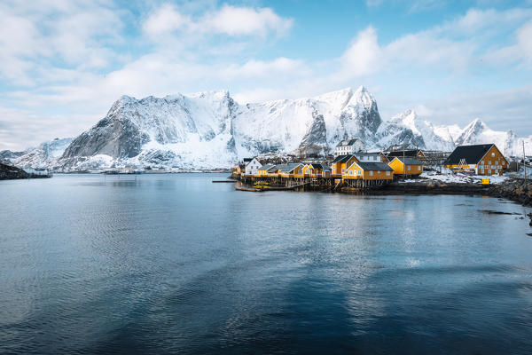 Sakrisoy village in the middle of Reine Bay, Lofoten Islands, Nordland, Norway.