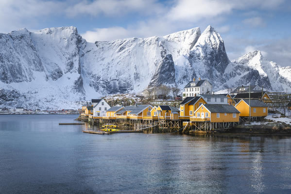 Sakrisoy village in the middle of Reine Bay, Lofoten Islands, Nordland, Norway.