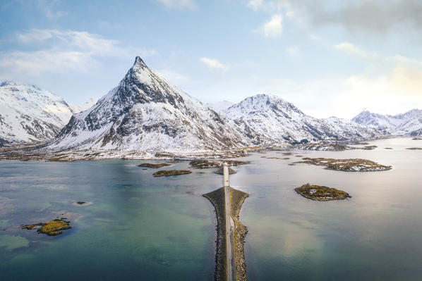 High angle view of Fredvang bridges, Lofoten Islands, Nordland, Norway.