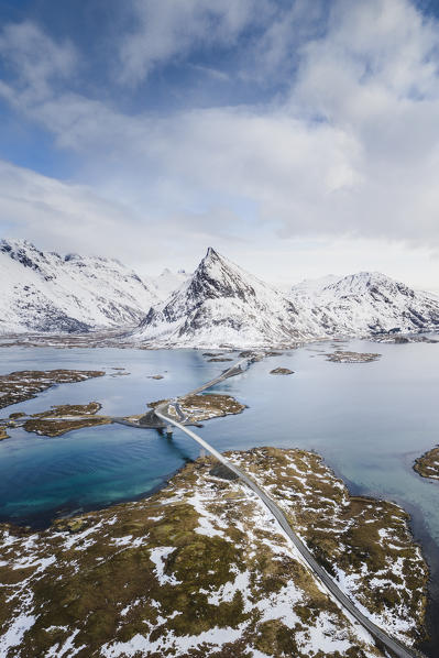 High angle view of Fredvang bridges, Lofoten Islands, Nordland, Norway.