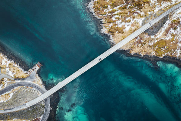 High angle view of Fredvang bridges, Lofoten Islands, Nordland, Norway.