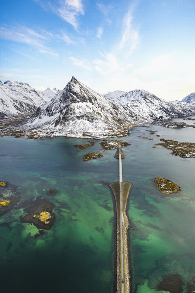 High angle view of Fredvang bridges, Lofoten Islands, Nordland, Norway.