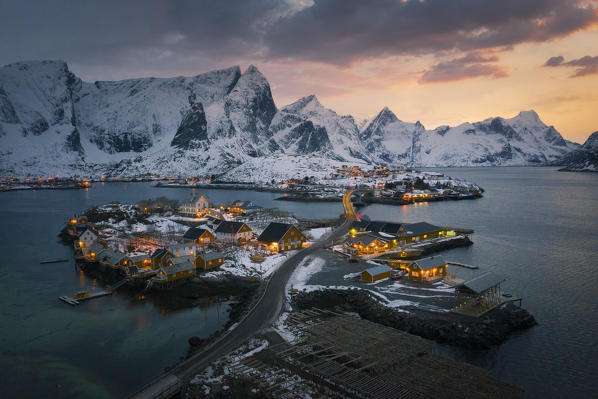 Elevated view of Sakrisoy Village, Lofoten Islands, Nordland, Norway