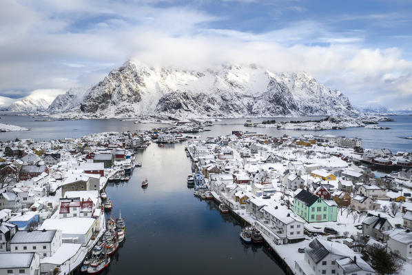 Elevated view oh Henningsvaer village, Lofoten Islands, Nordland, Norway.