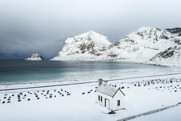 Elevated view of Haukland beach, Lofoten Islands, Nordland, Norway.