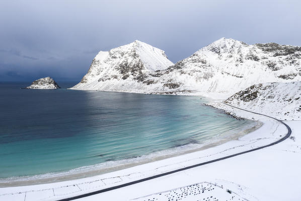 Elevated view of Haukland beach, Lofoten Islands, Nordland, Norway.