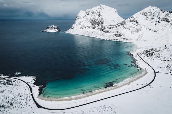 Elevated view of Haukland beach, Lofoten Islands, Nordland, Norway.