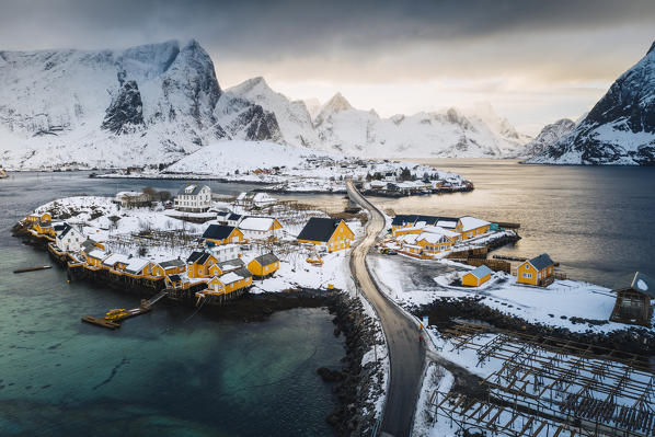 Elevated view of Sakrisoy Village, Lofoten Islands, Nordland, Norway