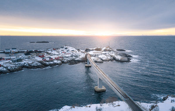 Aerial view of Hamnoy village at sunrise. Lofoten Islands, Nordland, Norway.