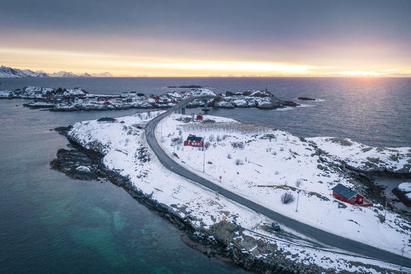 Aerial view of Hamnoy village at sunrise. Lofoten Islands, Nordland, Norway.