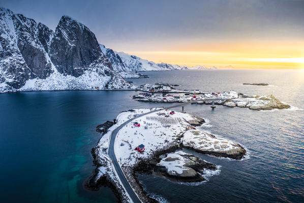 Aerial view of Hamnoy village at sunrise. Lofoten Islands, Nordland, Norway.