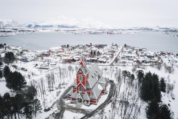 Elevated view of Leknes church, Leknes, Lofoten Islands, Nordland, Norway.