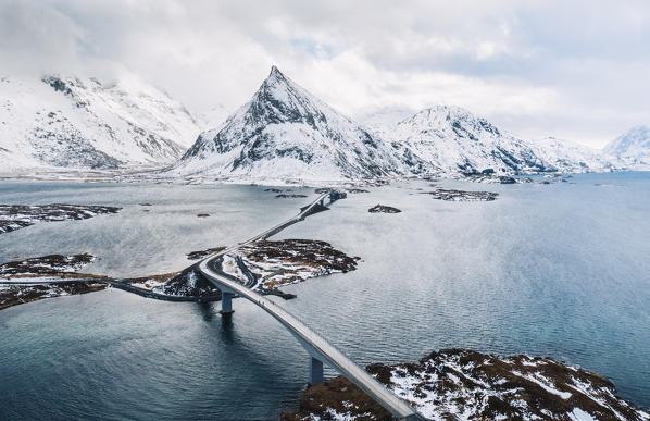 Elevated view of Fredvang bridges, Lofoten Islands, Nordland, Norway.