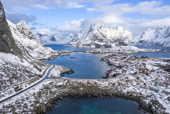 Elevated view of Reine bay and Reine village, Lofoten Islands, Nordland, Norway.