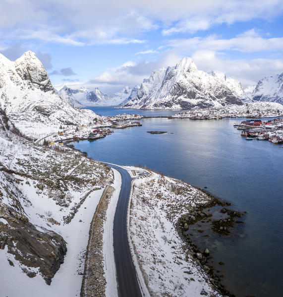 Elevated view of Reine bay and Reine village, Lofoten Islands, Nordland, Norway.