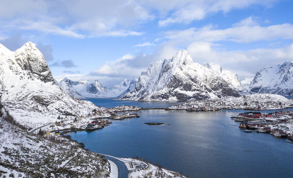 Elevated view of Reine bay and Reine village, Lofoten Islands, Nordland, Norway.