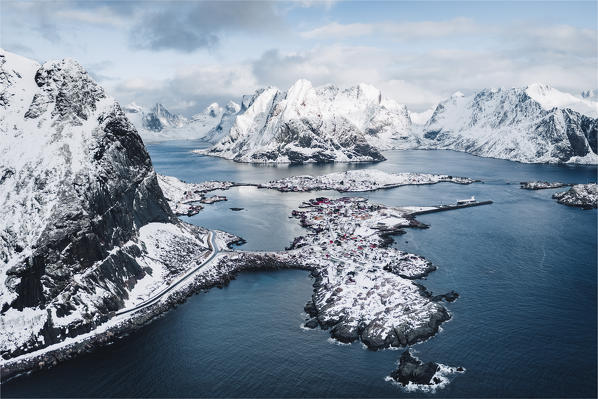 Elevated view of Reine bay and Reine village, Lofoten Islands, Nordland, Norway.