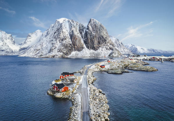 Aerial view of Hamnoy village at sunrise. Lofoten Islands, Nordland, Norway.