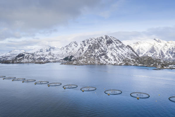 Salmon fish breeding, Lofoten Islands, Nordland, Norway.