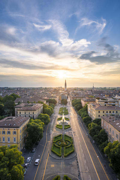 The city of Modena with its tower named Ghirlandina, during sunset. Modena, Emilia Romagna, Italy