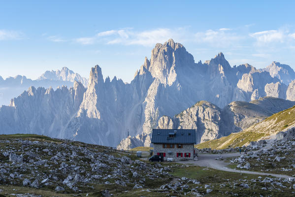 Lavaredo refugee during sunrise with Misurina cadini on the back. Belluno province, Veneto, Italy