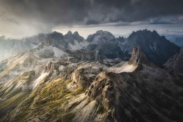 Aerial view of Scarpieri Tower and  Sesto Dolomites. Bolzano province, South Tyrol, Italy