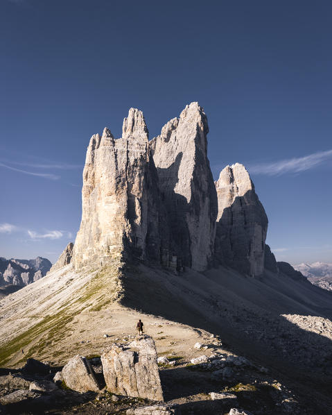 Aerial view of Forcella Lavaredo and LAvaredo three peaks. Bolzano province, South Tyrol, Italy.