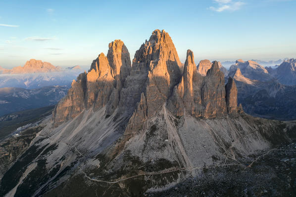 LAvaredo three peaks aerial view during sunrise. Belluno province, Veneto, Italy.