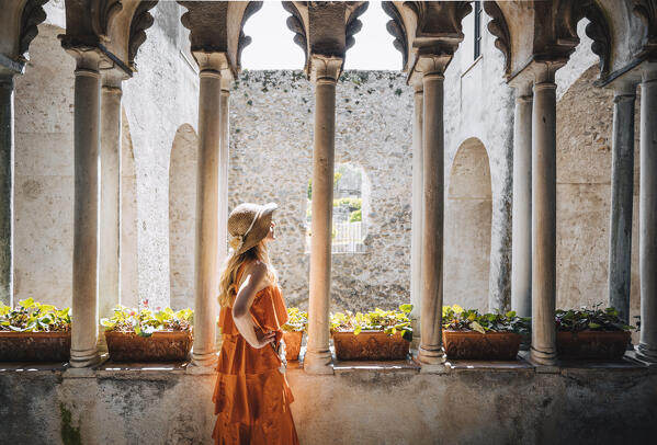 A girl walking in Ravello, Amalfi Coast, Campania, Italy.
