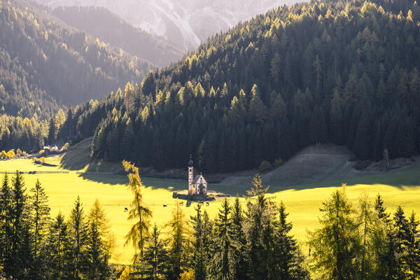View of San Giovanni Ranui church in Santa Magdalena village, Funes Valley, South Tyrol, Italy
