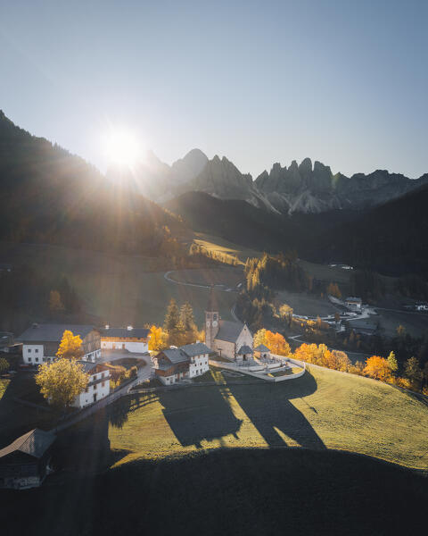 View of Santa Magdalena village with Odle Mountain Group on the background. Funes valley, South Tyrol, Italy.