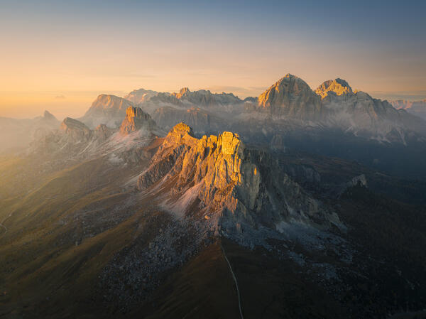 Aerial view of Ra Gusela mountains and Giau Pass, Cortina d'Ampezzo, dolomites, Veneto, Italy