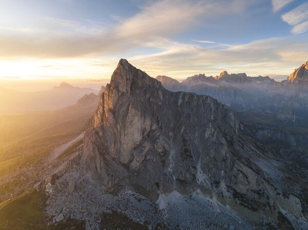 Aerial view of Ra Gusela mountains and Giau Pass, Cortina d'Ampezzo, dolomites, Veneto, Italy