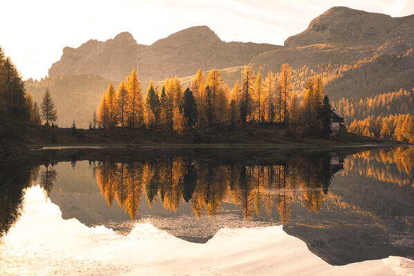 Sunrise at Federa Lake with autumnal colors; Cortina d'Ampezzo, Dolomites, Belluno province, Veneto, Italy.