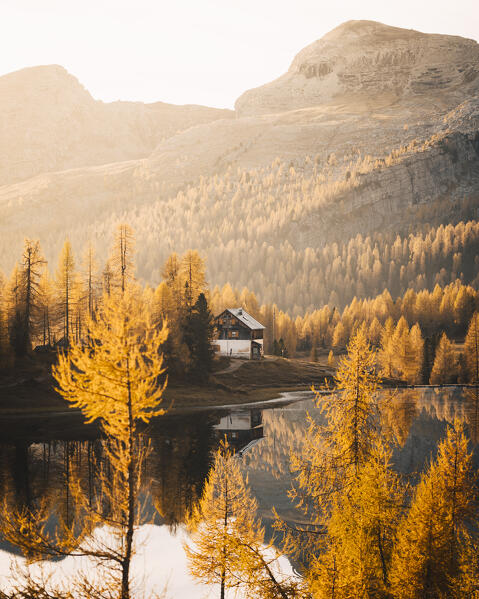 Sunrise at Federa Lake with autumnal colors; Cortina d'Ampezzo, Dolomites, Belluno province, Veneto, Italy.