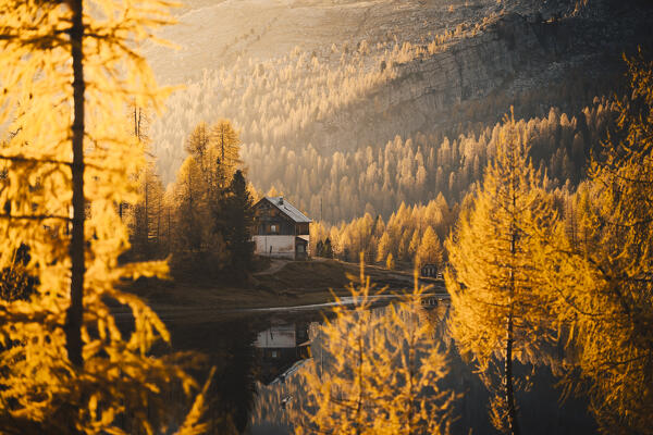 Sunrise at Federa Lake with autumnal colors; Cortina d'Ampezzo, Dolomites, Belluno province, Veneto, Italy.