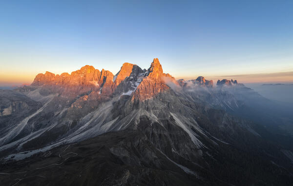 Aerial view of Pale di San Martino during sunset; Rolle Passo, Dolomites, South Tyrol, Italy