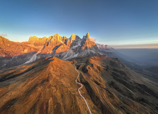 Aerial view of Pale di San Martino during sunset; Rolle Passo, Dolomites, South Tyrol, Italy