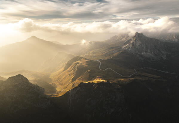Aerial view of Ra Gusela mountains and Giau Pass, Cortina d'Ampezzo, dolomites, Veneto, Italy