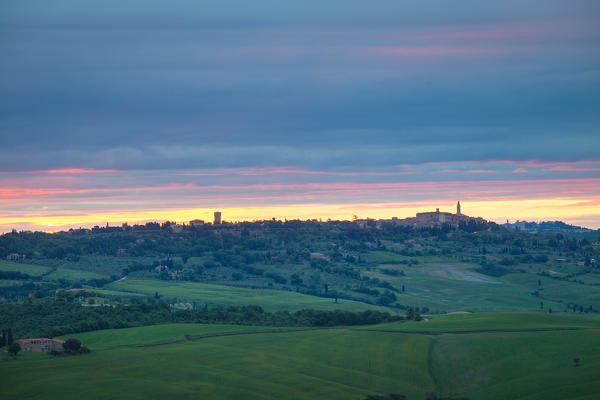Pienza, Tuscany, Italy. Landscape view of the village, during a colorful morning.